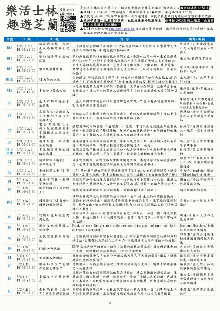 【歡迎報名】士林社大114-1期「樂活士林.趣遊芝蘭」公民週講座 – 士林社區大學
